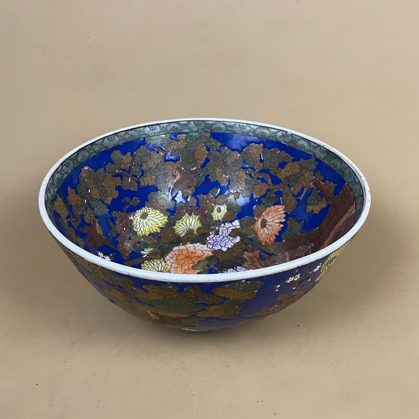 Oriental Ceramic Display Bowl Chinese Floral Design Round Centrepiece Blue Asian Pattern Patterned Hand Painted Tree Old Antique photo furniture