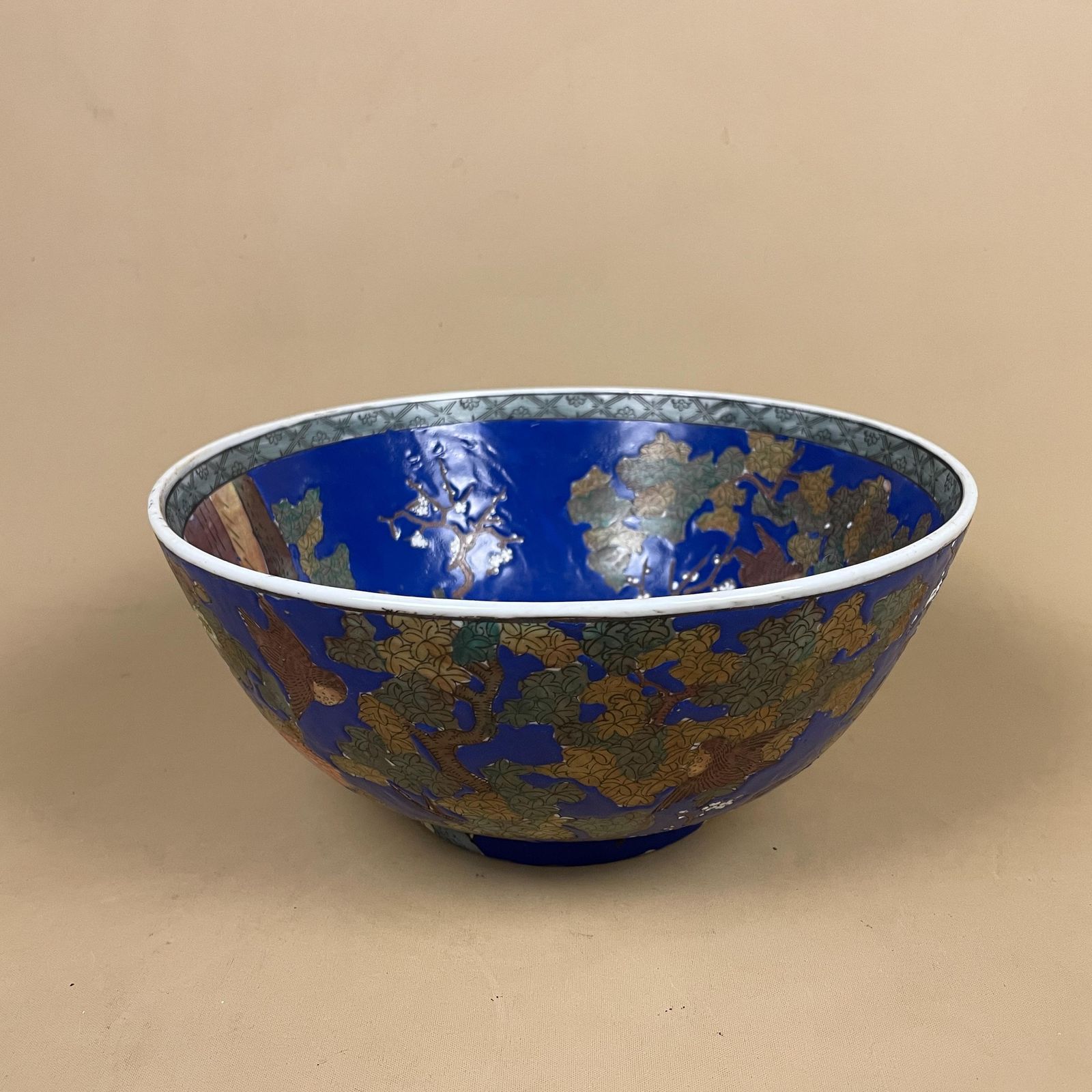 Oriental Ceramic Display Bowl Chinese Floral Design Round Centrepiece Blue Asian Pattern Patterned Hand Painted Tree Old Antique photo vinterior