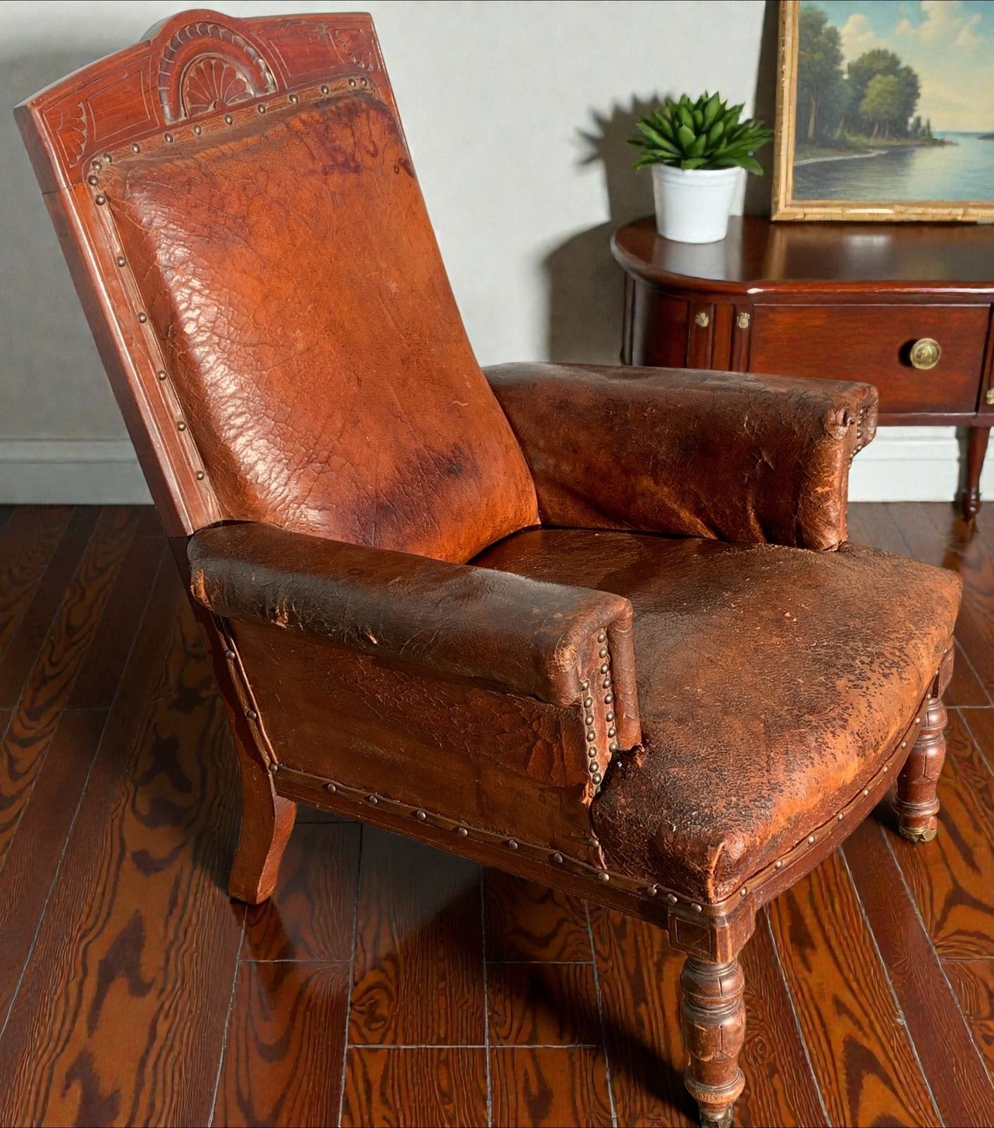 551.0 Antique Victorian Leather Library Chair On Castors C 1840's photo