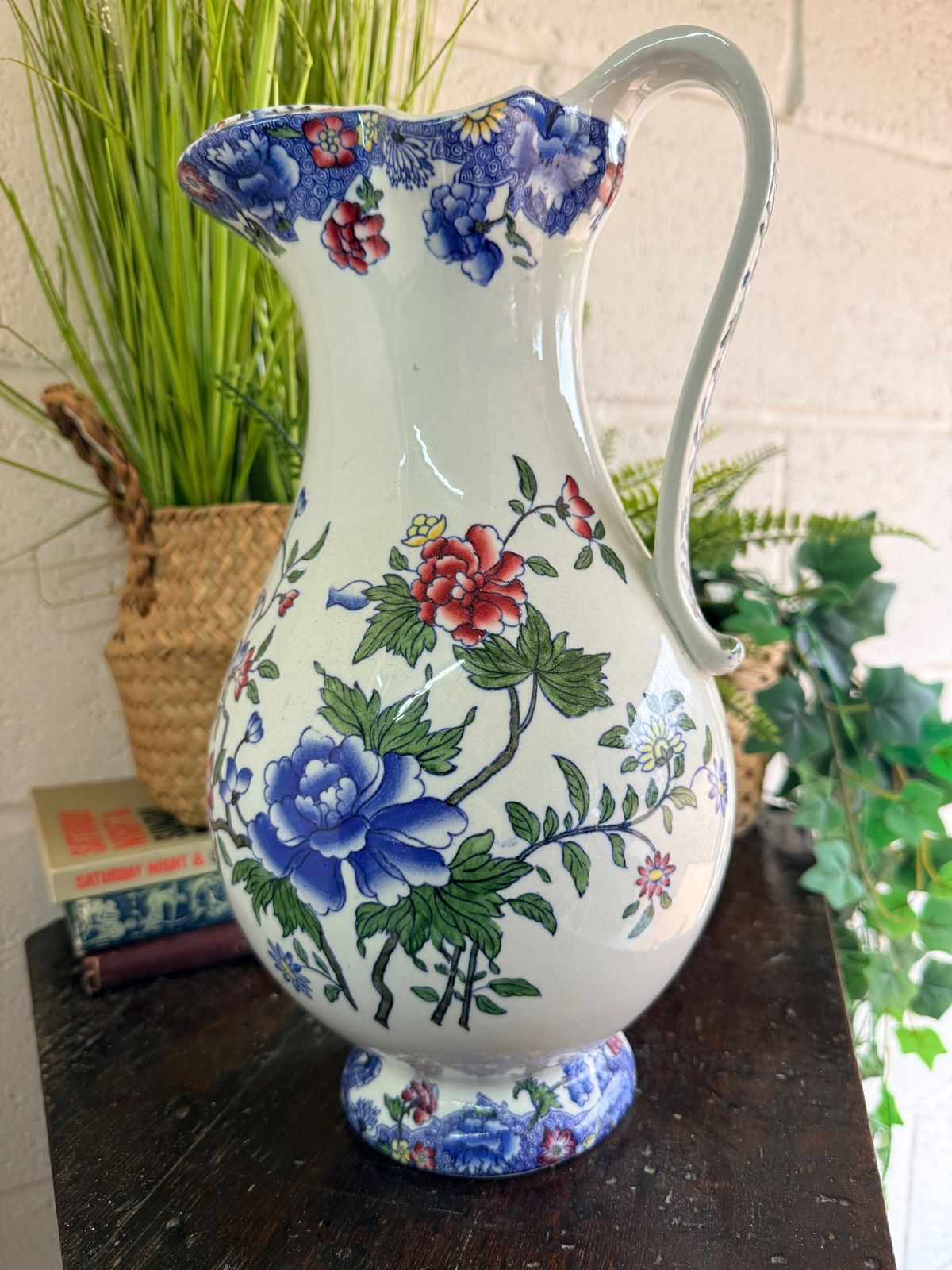 Rare Victorian Spode Floral Pitcher C.1900 | Large 33cm Jug | Heal & Son London | Blue Red Botanical photo Home Decor