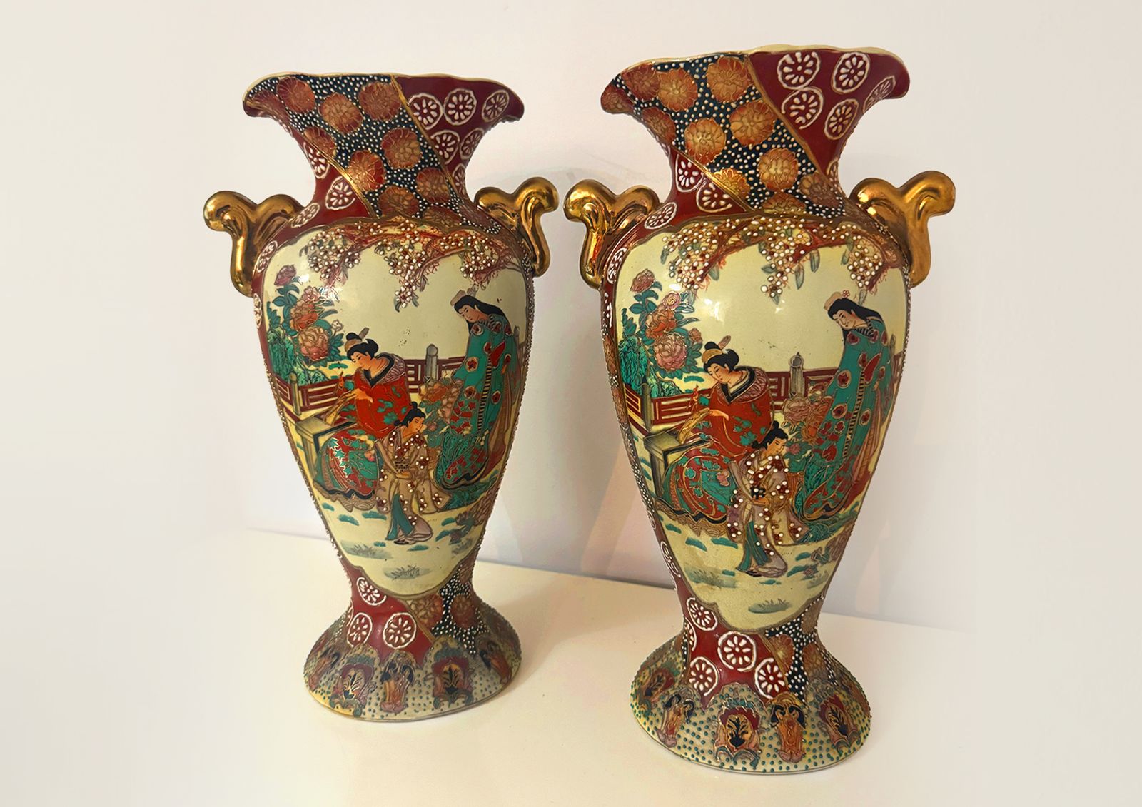 Pristine Pair Of Japanese Satsuma Style Vases   Mid Century Statement Pieces