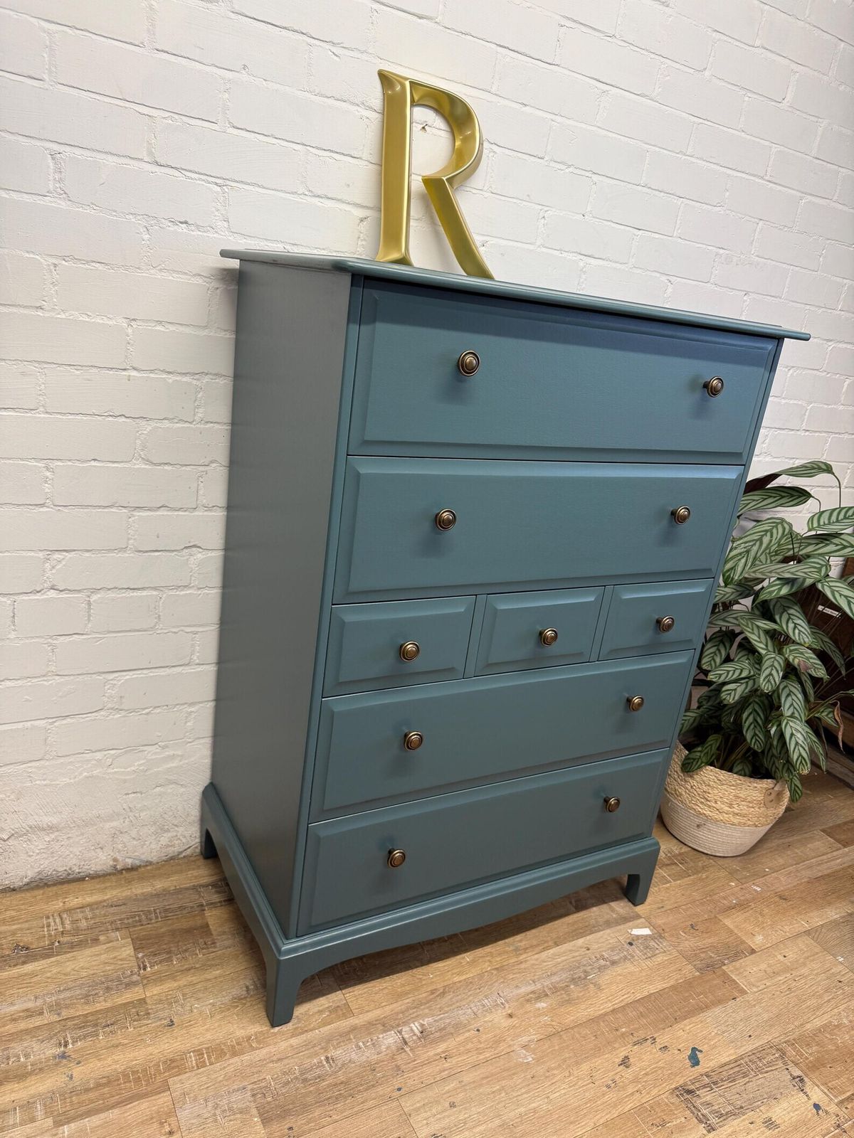 Stag Minstrel 7 Drawer Tallboy In Farrow & Ball Inchyra Blue photo for sale