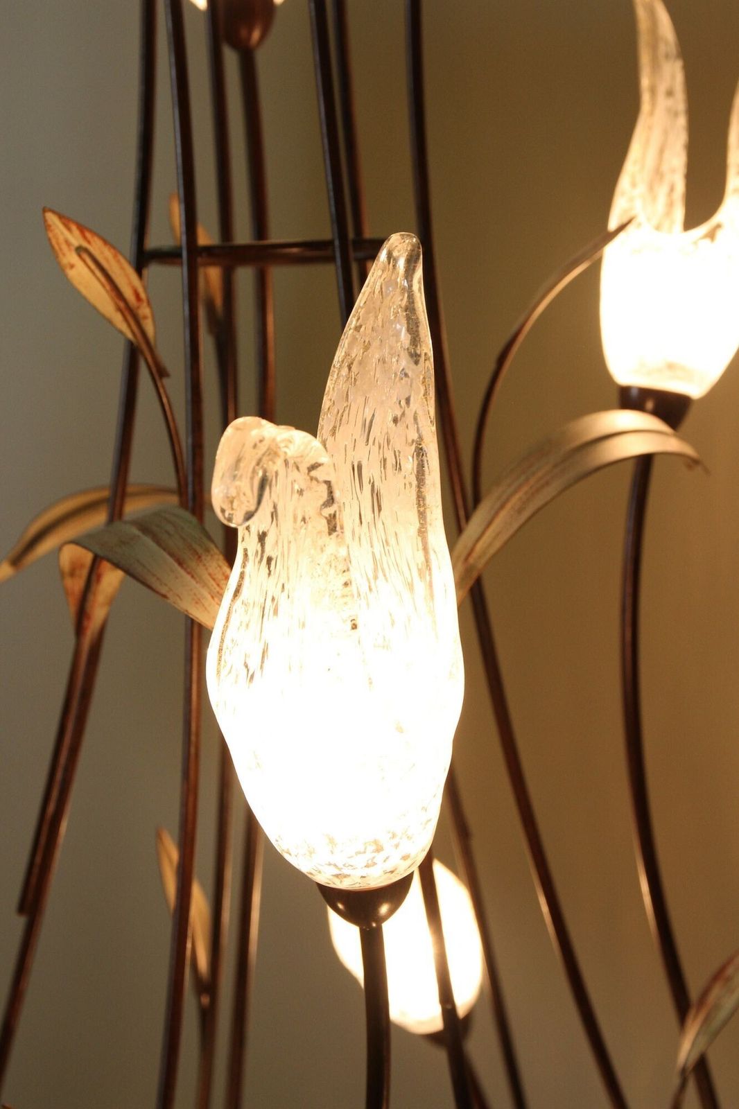 20th Century Murano Glass Swan Floor Lamp, Painted Reed Leaves, It Circa 1970 photo vintage