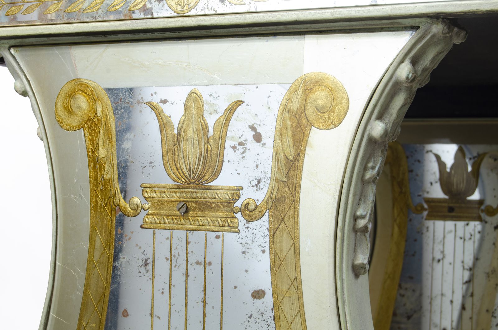 Early 20th Century Neoclassical Lyre Side Table With Acid Etched Glass Top And Accents By Maison Jansen, France photo vinterior