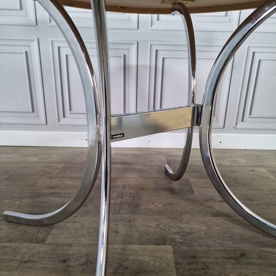 Retro Chrome Dining Table Modernist Round Frovi Wood Top Mid Century Modern photo vintage