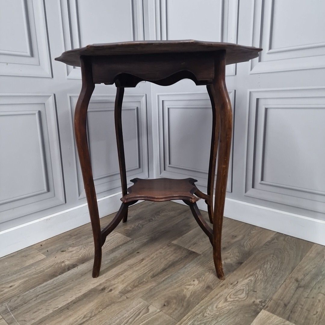 Antique Wooden Edwardian Table Window Side End  Scalloped Top 2 Tier Mahogany photo for sale