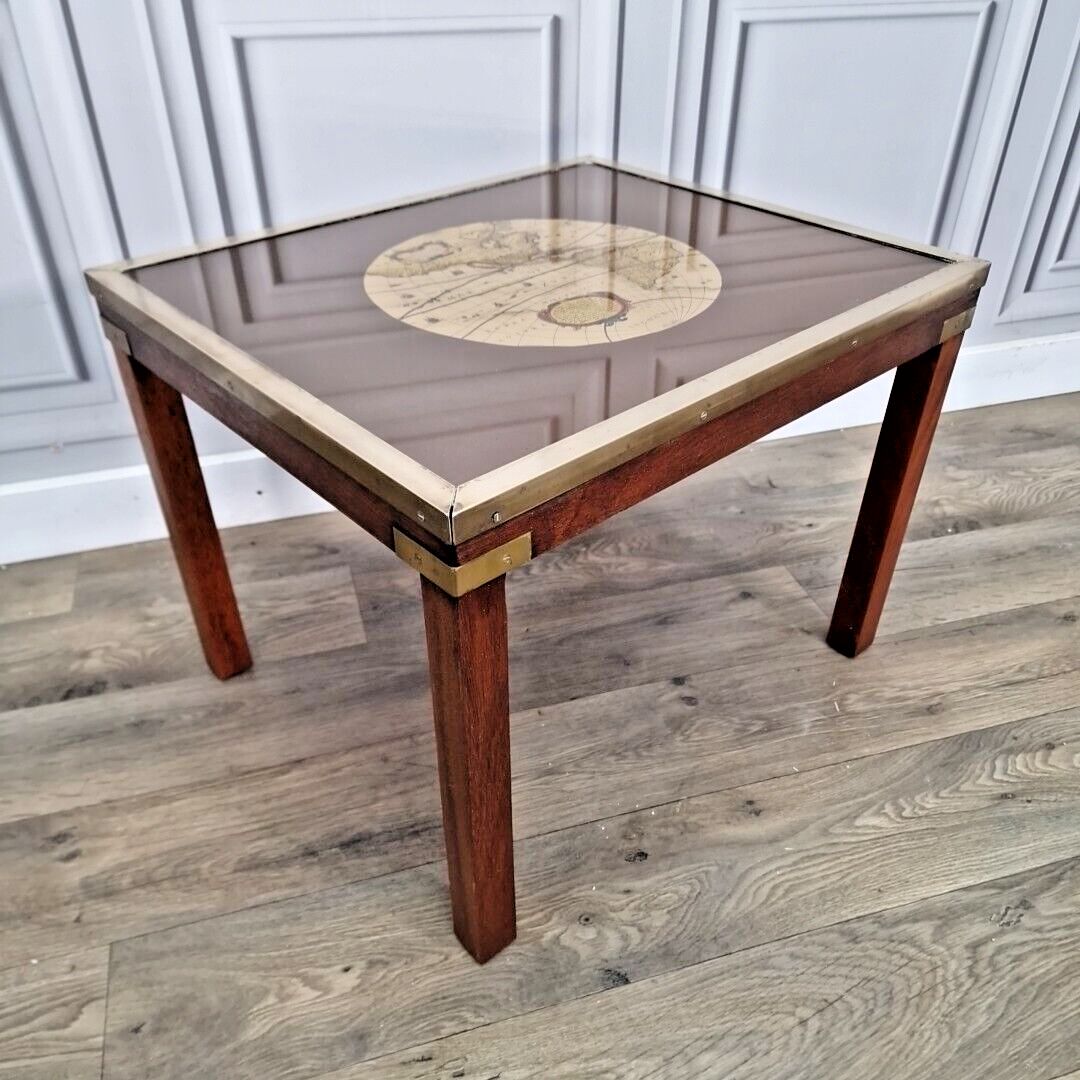 Antique Campaign Style Table Single Map Side Vintage Glass Brass America Retro