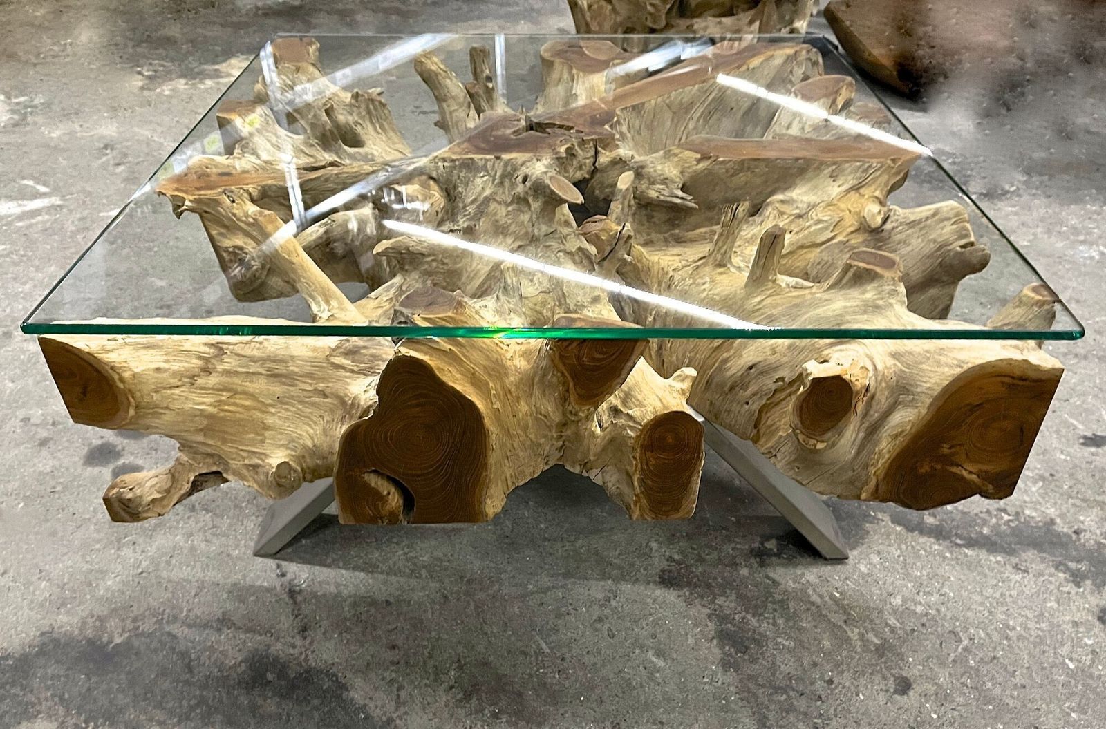 21st Century Organic Modern Teak Root Coffee/ Table, Glass, Idn 2024 photo 3670.0