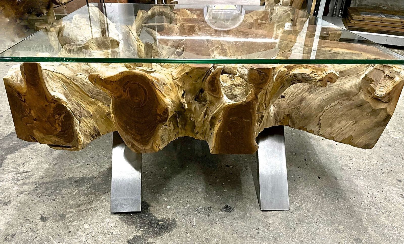 21st Century Organic Modern Teak Root Coffee/ Table, Glass, Idn 2024 photo buy