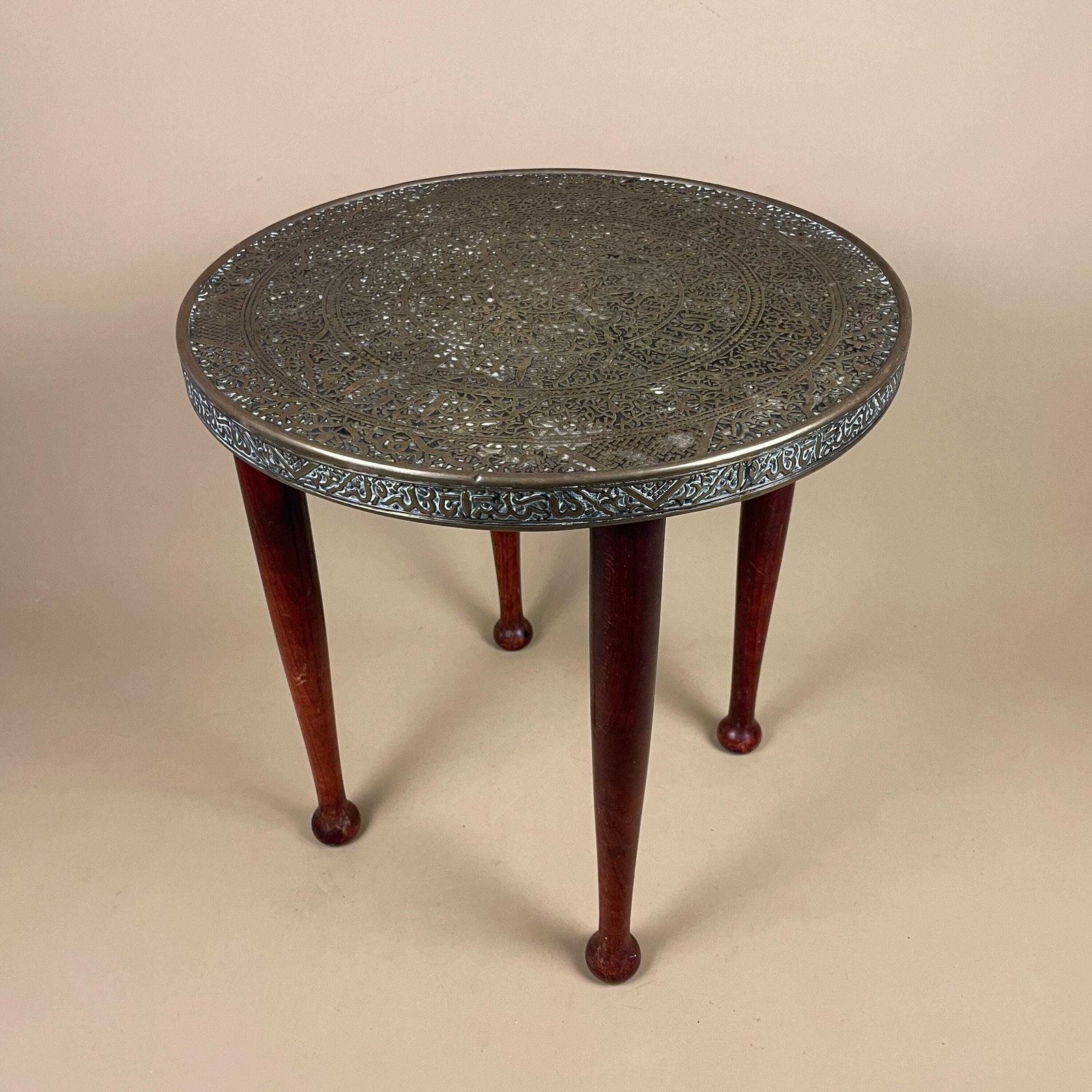 Antique Metal Gold Brass Indian Table Patterned Tray Top Asian Handmade Intricate Decorative Round Coffee Side Wood Pin Legs Vintage
