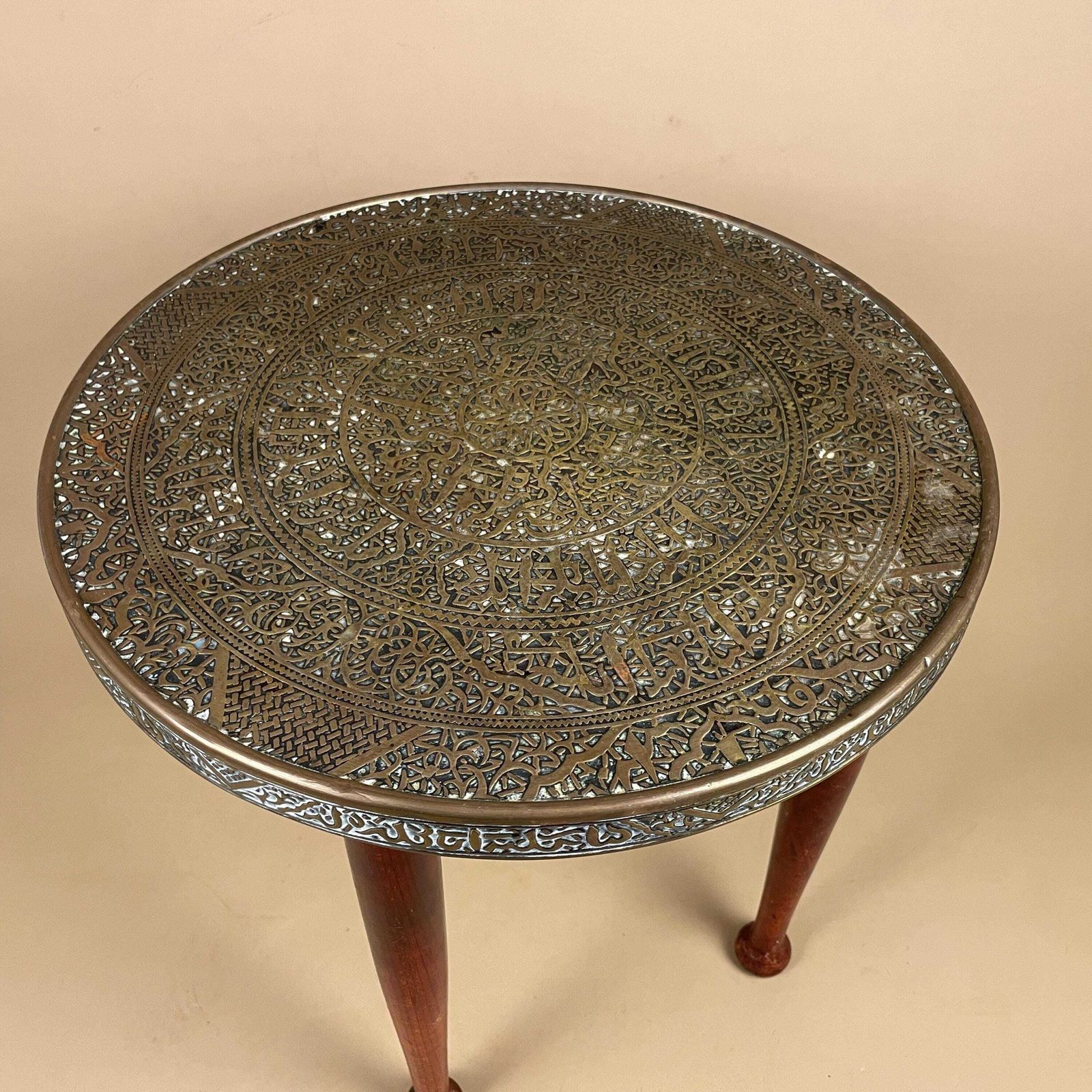Antique Metal Gold Brass Indian Table Patterned Tray Top Asian Handmade Intricate Decorative Round Coffee Side Wood Pin Legs Vintage photo buy