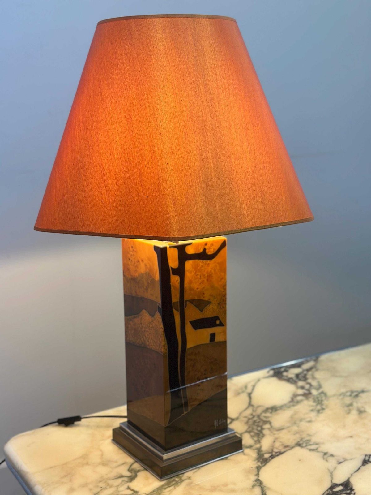 Rare 1970s Jean Claude Mahey Table Lamp In Burl Wood With Abstract Inlay And Original Shade photo buy