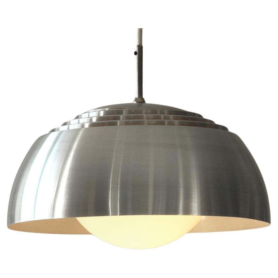 Danish Pendant Light From The 1960s, Polished Aluminum With Opaline Glass Globe