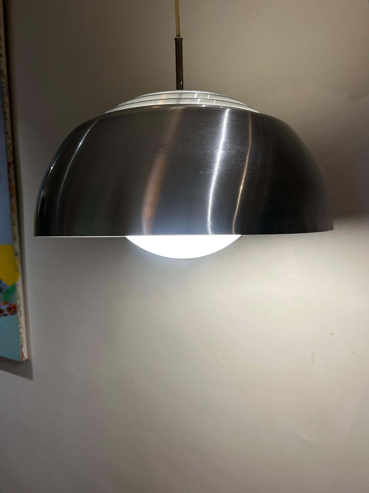 Danish Pendant Light From The 1960s, Polished Aluminum With Opaline Glass Globe photo Lighting