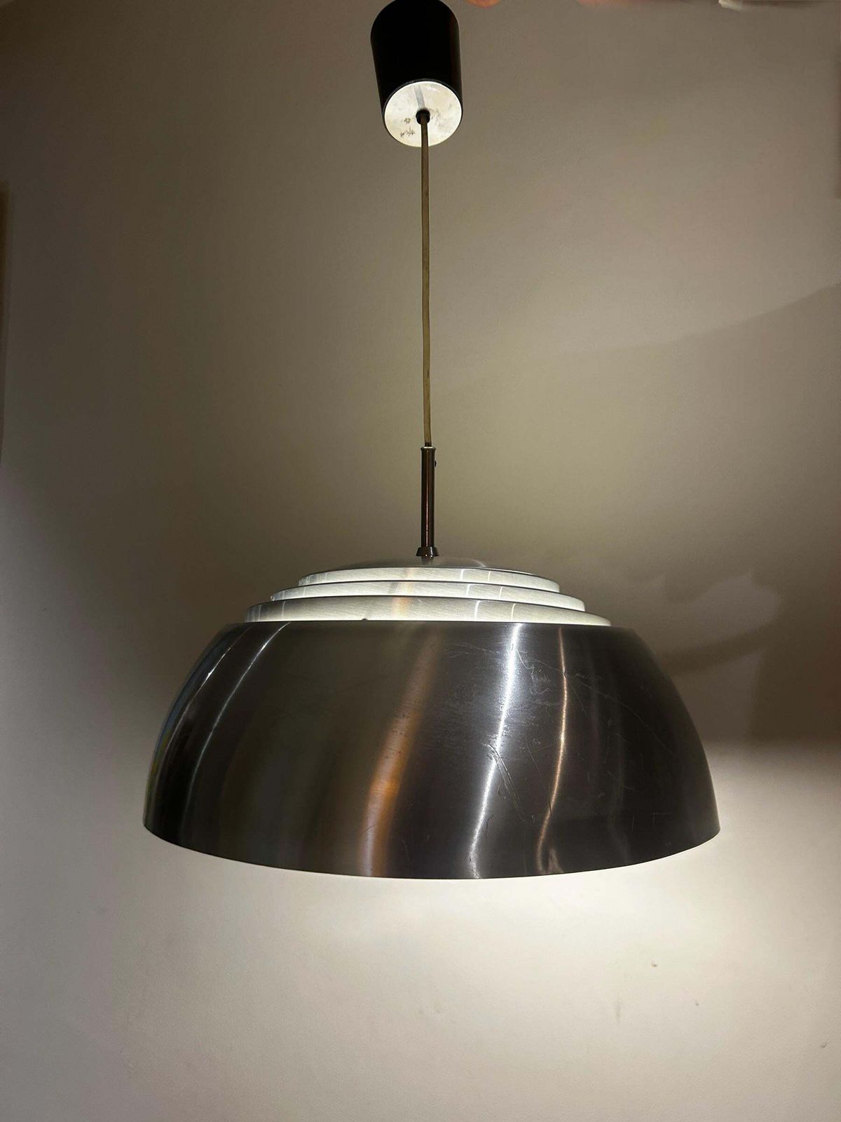 Danish Pendant Light From The 1960s, Polished Aluminum With Opaline Glass Globe photo buy