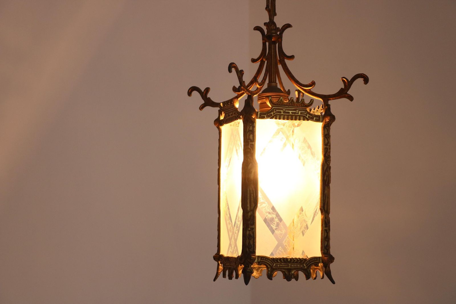 photo for sale Elegant Antique Brass Etched Glass Hanging Lantern – Japanese / Oriental Inspired Design