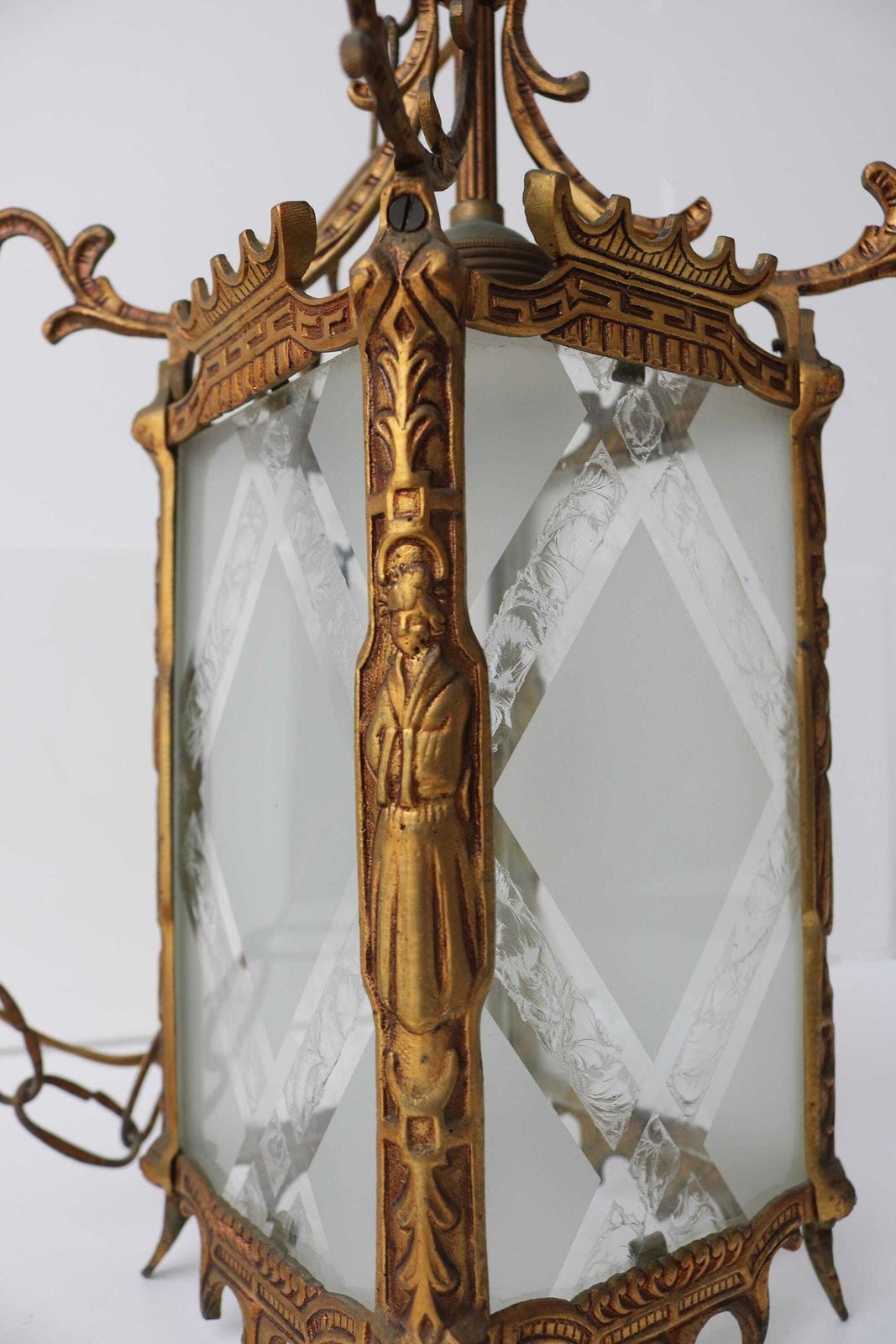 photo buy Elegant Antique Brass Etched Glass Hanging Lantern – Japanese / Oriental Inspired Design