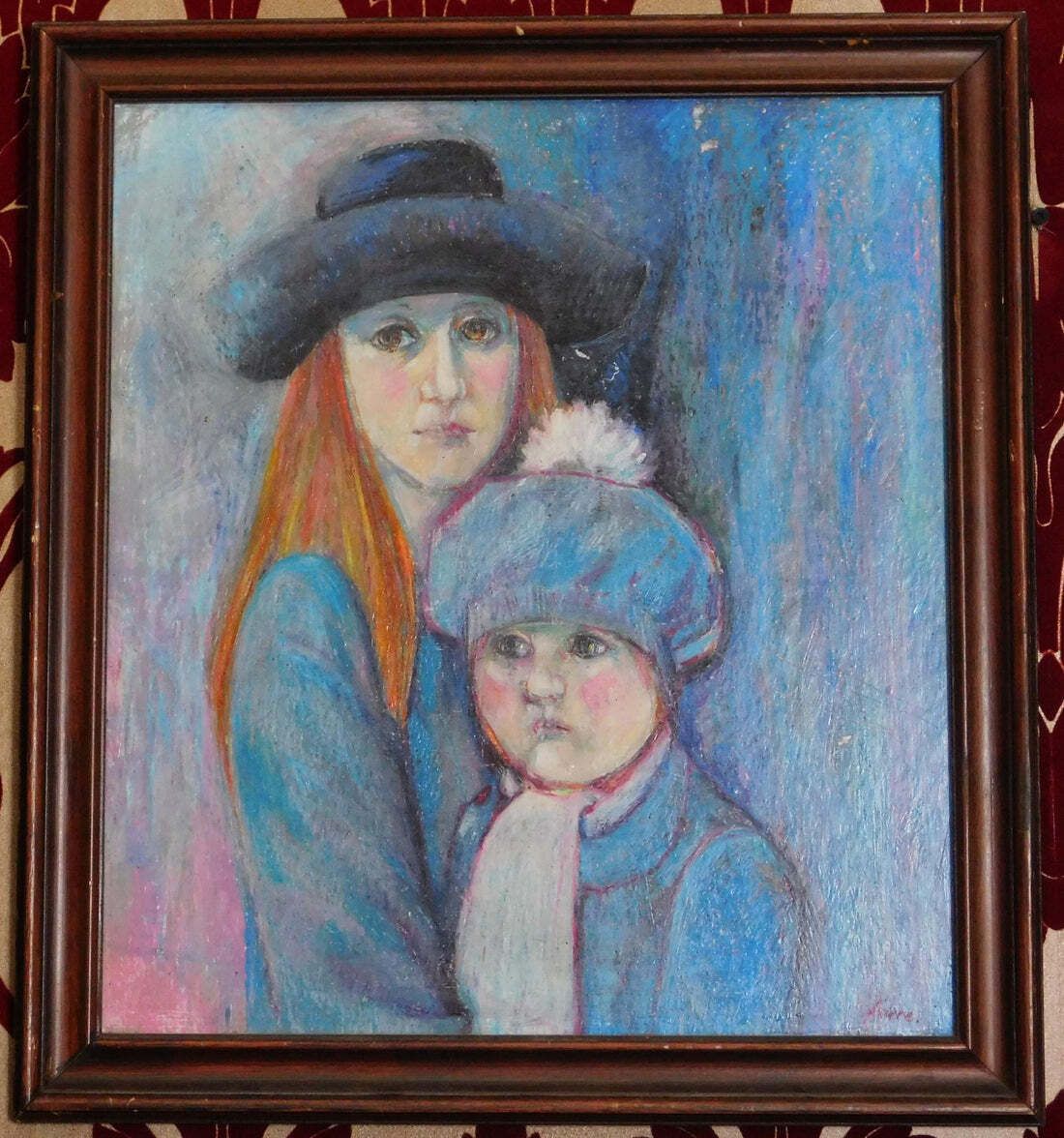 Pastel Portrait  Mother And Child  Framed Mid Century Style