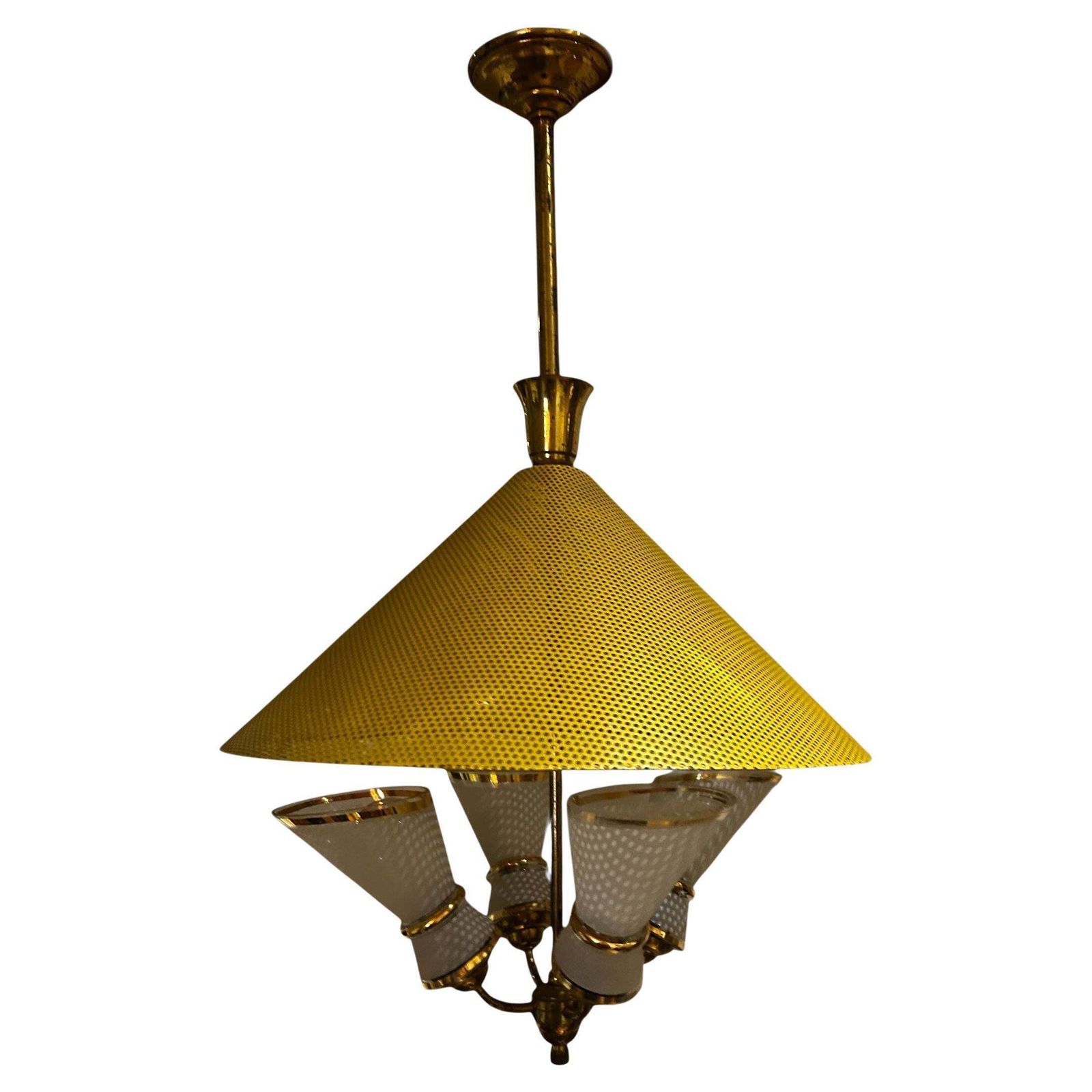 Italian Chandelier From The 1950s Yellow Perforated Metal Brass Frame