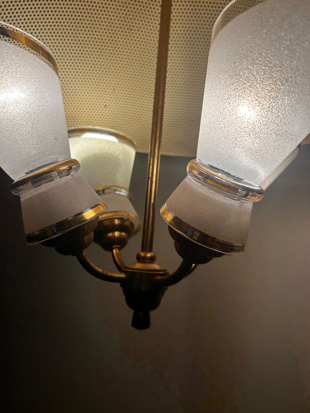 Italian Chandelier From The 1950s Yellow Perforated Metal Brass Frame photo for sale