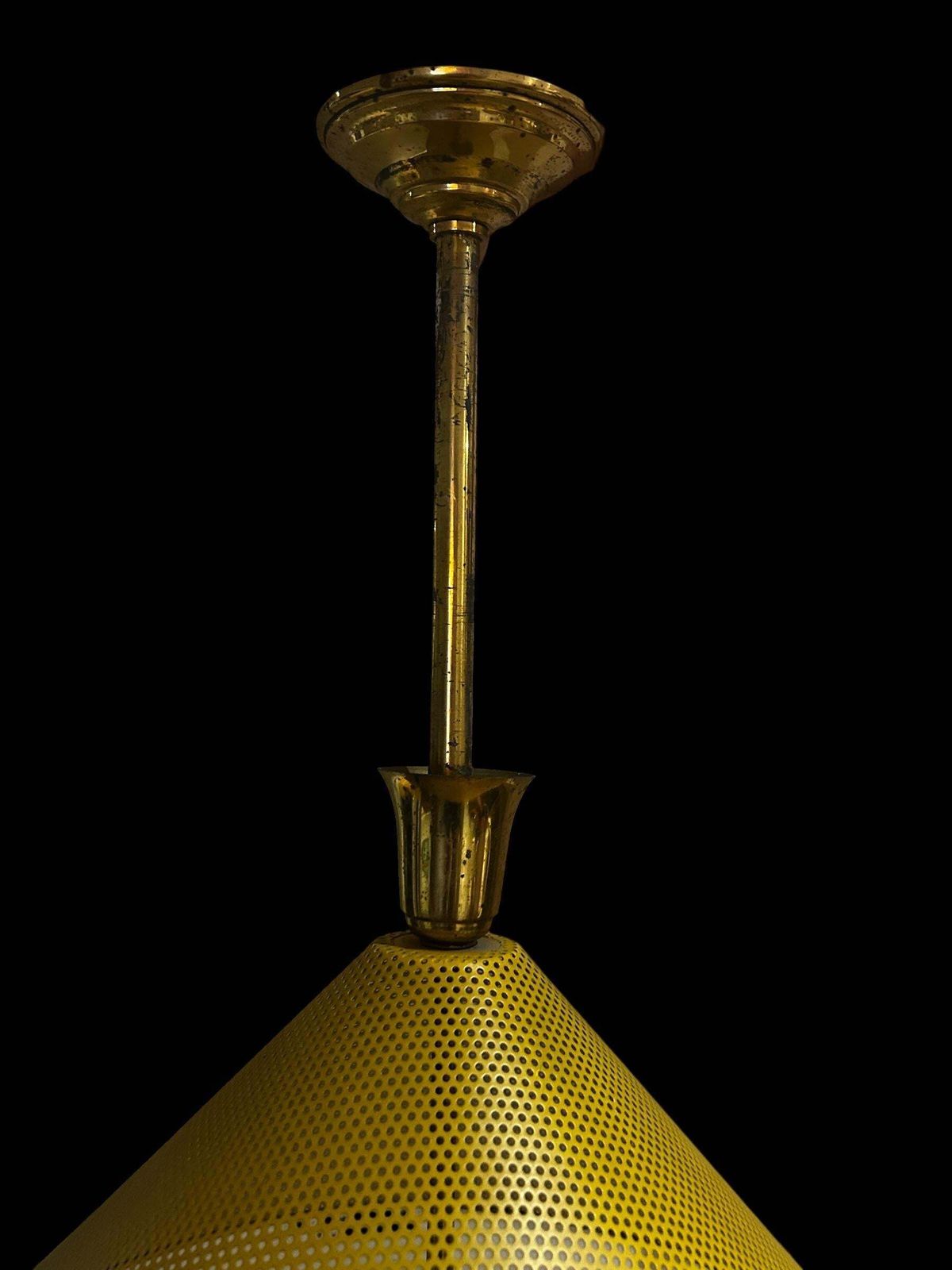 Italian Chandelier From The 1950s Yellow Perforated Metal Brass Frame photo vinterior