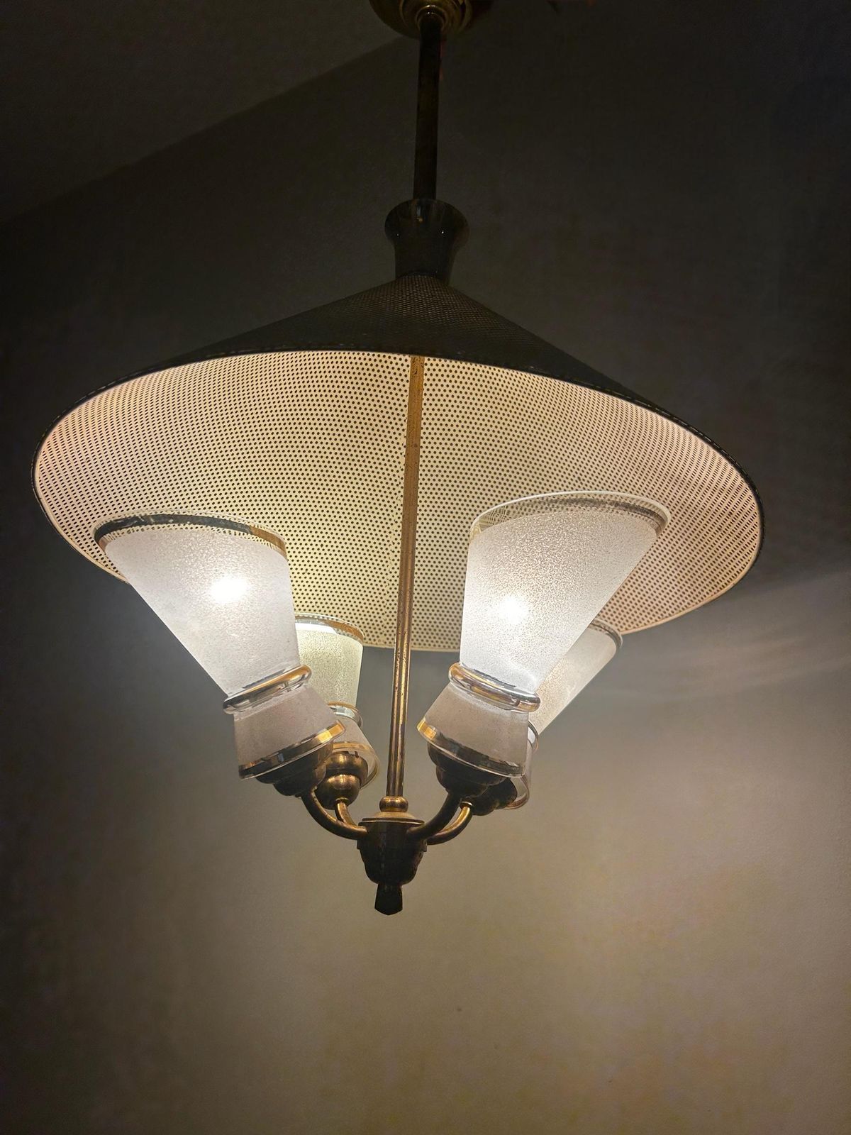 photo furniture Italian Chandelier From The 1950s Yellow Perforated Metal Brass Frame