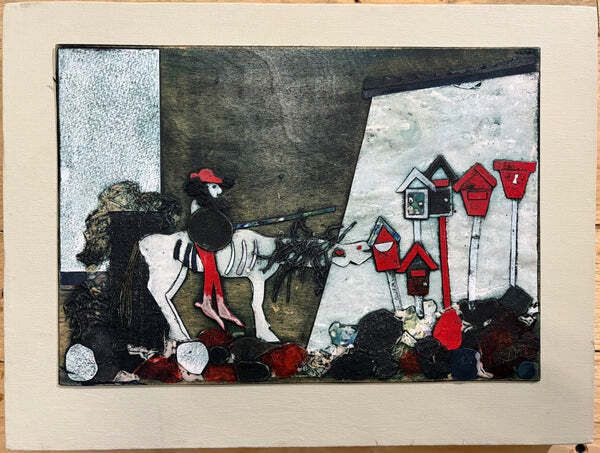 Mounted Collagraph Plate Tilting At Postboxes By Judy Townsend