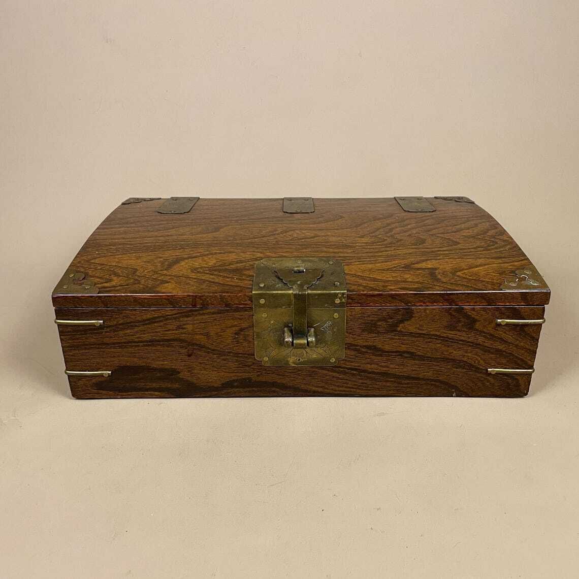 Oriental Wooden Box Trinket Jewellery Storage Keepsake Brown Wood Gold Brass Metal Trims Decoration Rectangle Antique Symbols Inner photo Home Decor