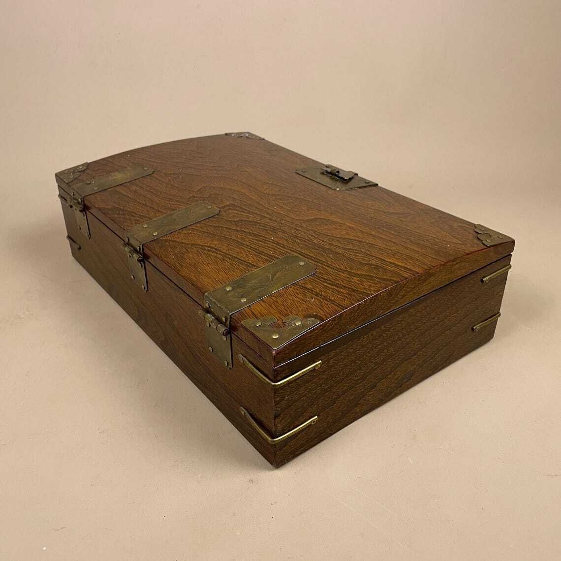 Oriental Wooden Box Trinket Jewellery Storage Keepsake Brown Wood Gold Brass Metal Trims Decoration Rectangle Antique Symbols Inner photo buy