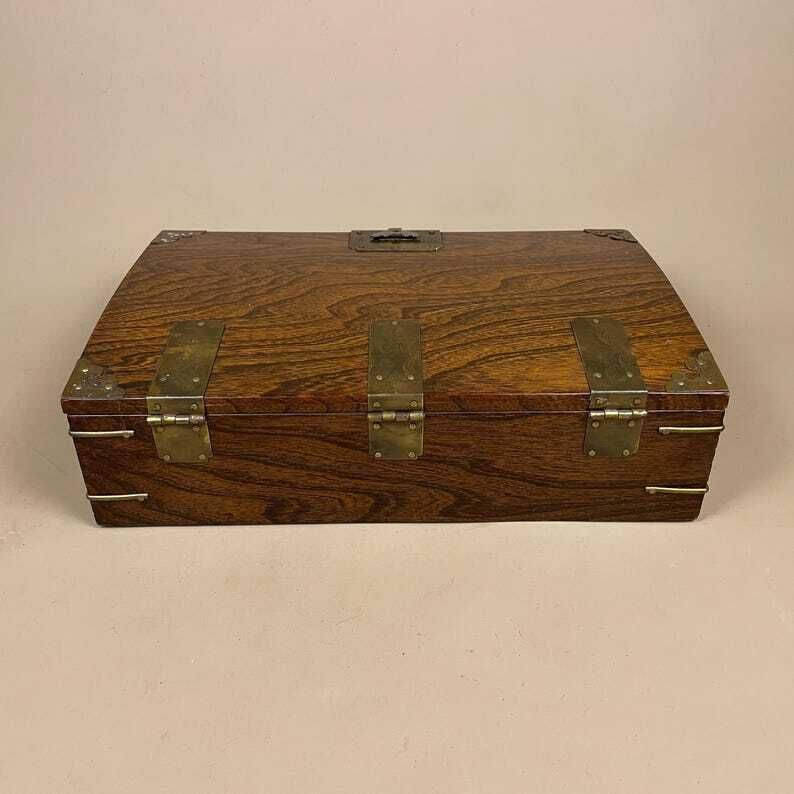 Oriental Wooden Box Trinket Jewellery Storage Keepsake Brown Wood Gold Brass Metal Trims Decoration Rectangle Antique Symbols Inner photo vintage
