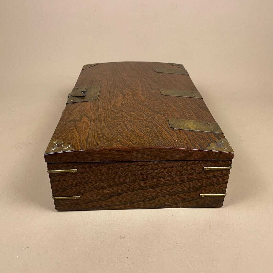 photo furniture Oriental Wooden Box Trinket Jewellery Storage Keepsake Brown Wood Gold Brass Metal Trims Decoration Rectangle Antique Symbols Inner