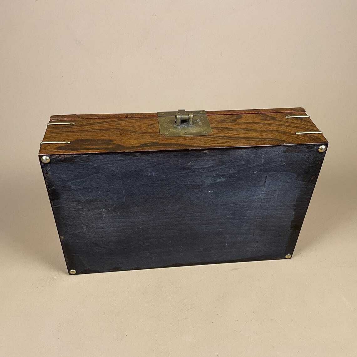 photo for sale Oriental Wooden Box Trinket Jewellery Storage Keepsake Brown Wood Gold Brass Metal Trims Decoration Rectangle Antique Symbols Inner