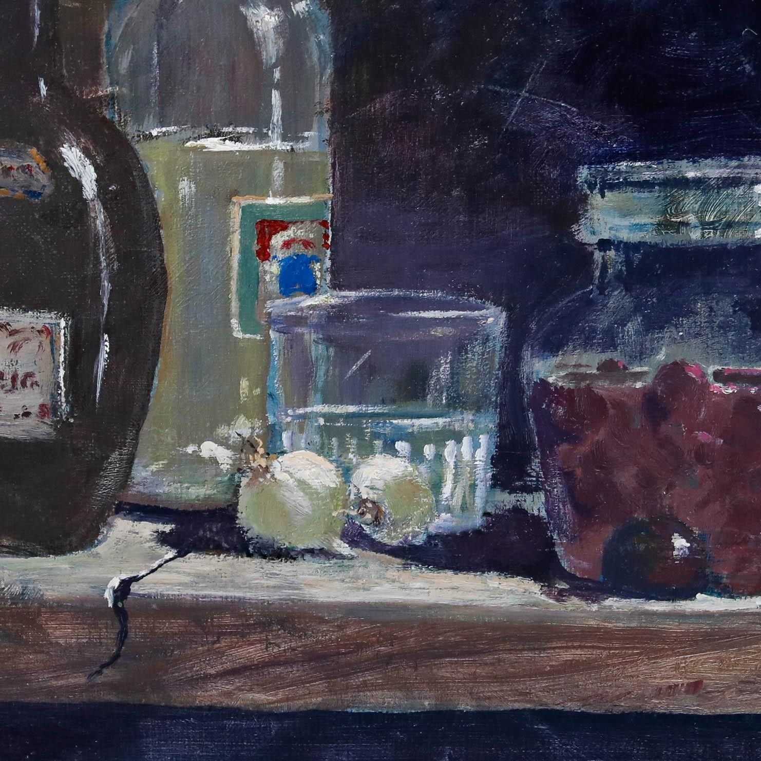 Arvind Limaye Framed 20th Century Oil, Study Of Glass Bottles & Fruit photo Art