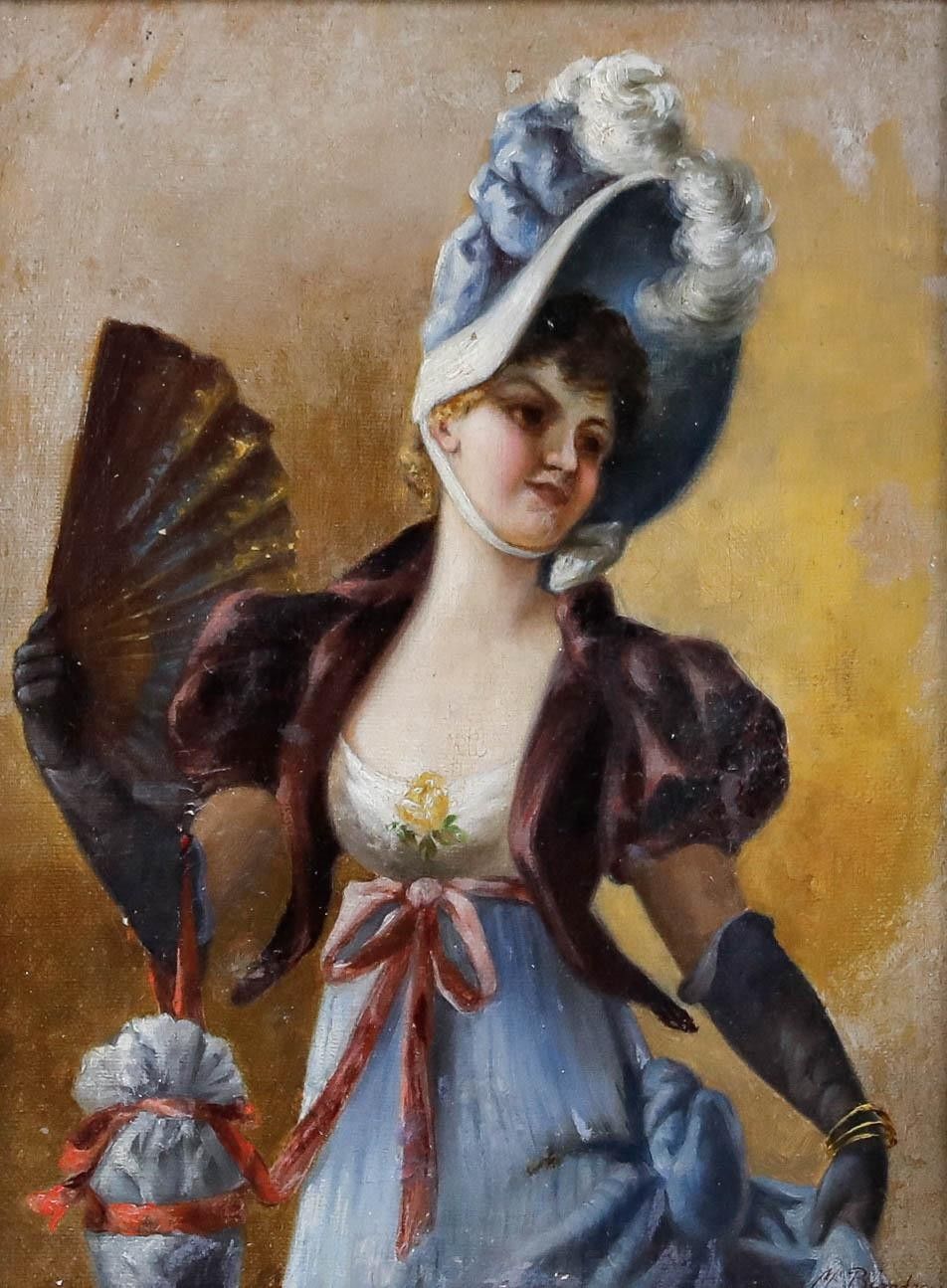 M. Blondeau Early 20th Century Oil, Elegant Woman With Fan photo furniture
