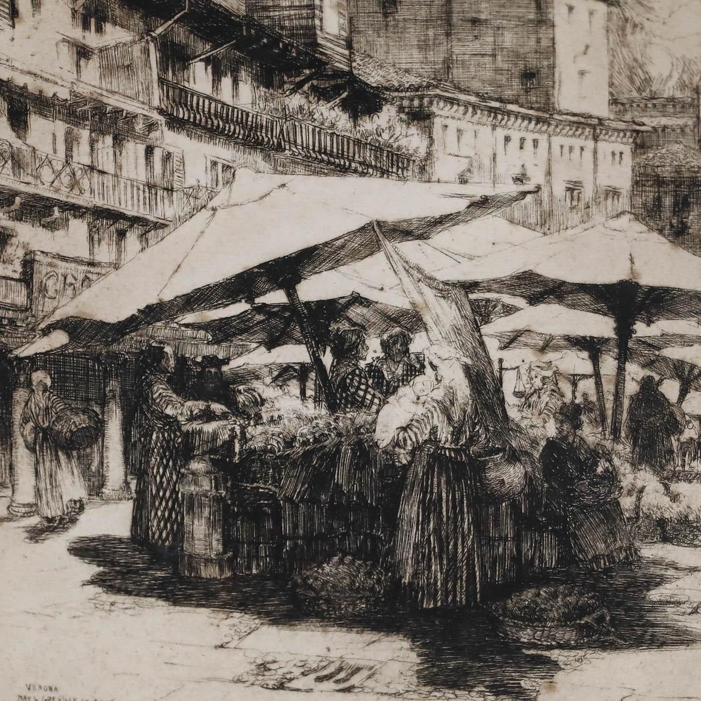 May Louise Greville Cooksey (1878 1943) 1915 Etching, Piazza Delle Erbe photo 175.0