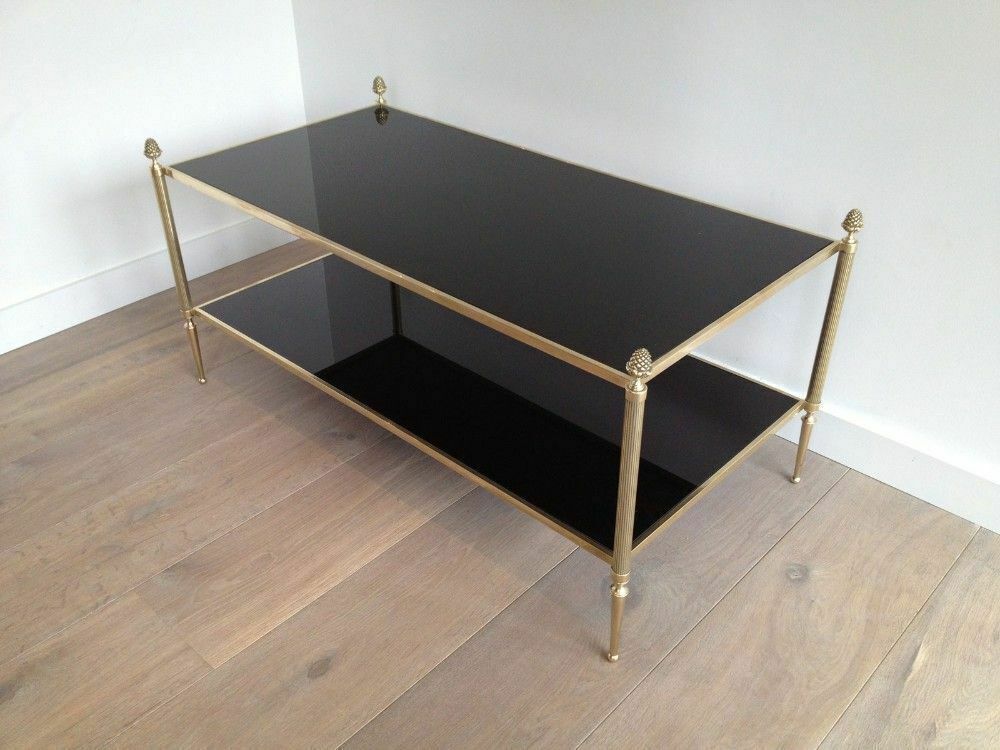 Neoclassical Style Coffee Table In Bronze, Brass And Black Lacquered Glass Tops From Maison Baguès photo vintage