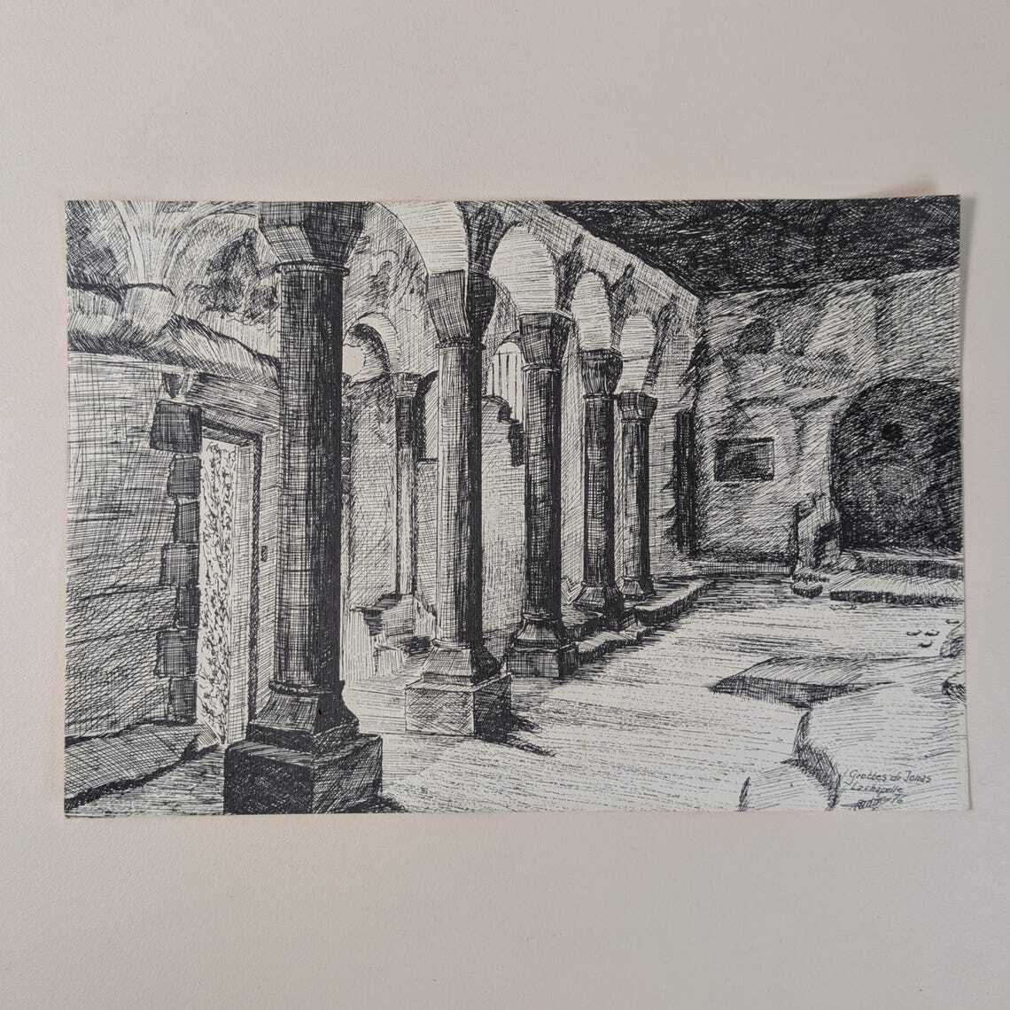 photo furniture Vintage French Radu Etching Grotto Of Jonas, Auvergne, France, Troglodyte Chapel, Architecture Art