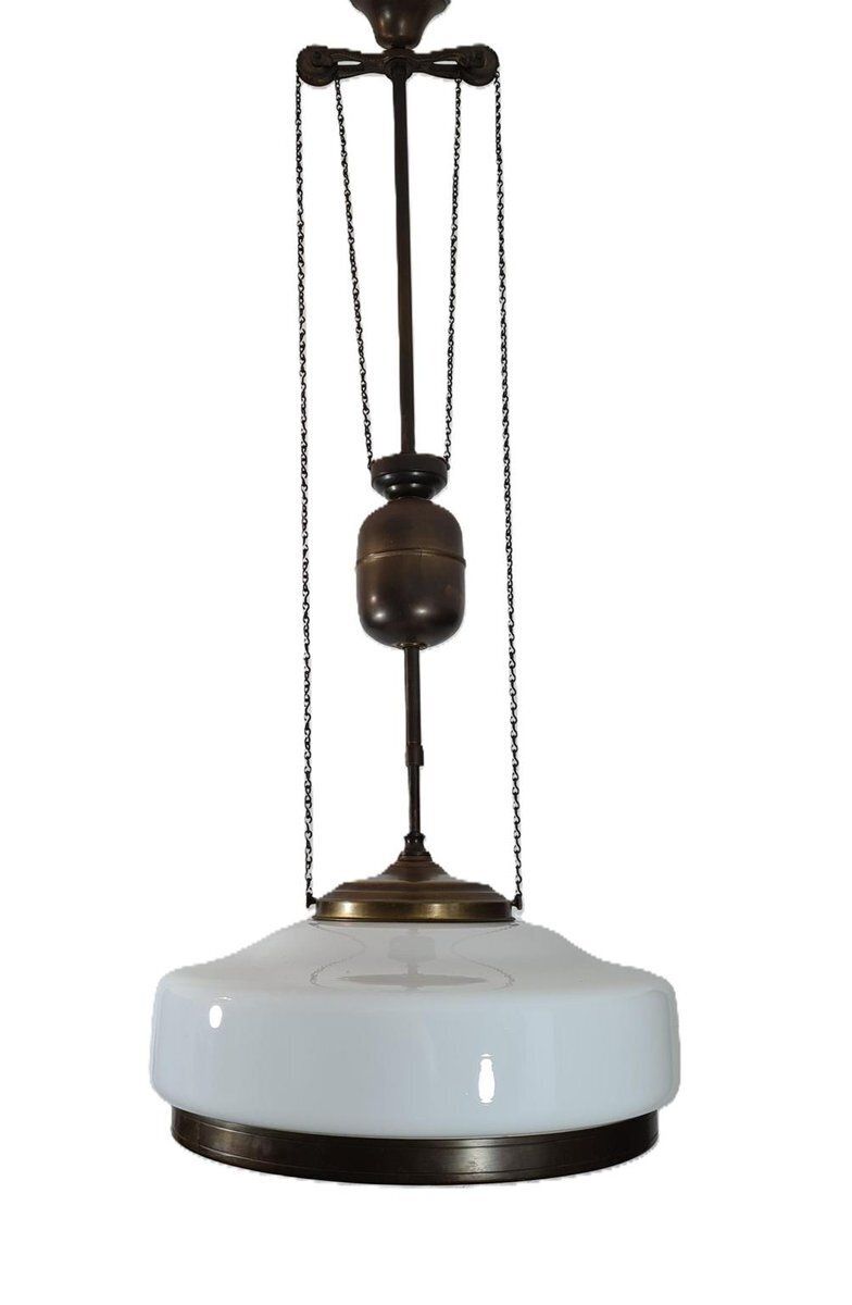 Art Deco Adjustable Pendant Lamp In Brass And Opal Glass, 1930s 1940s