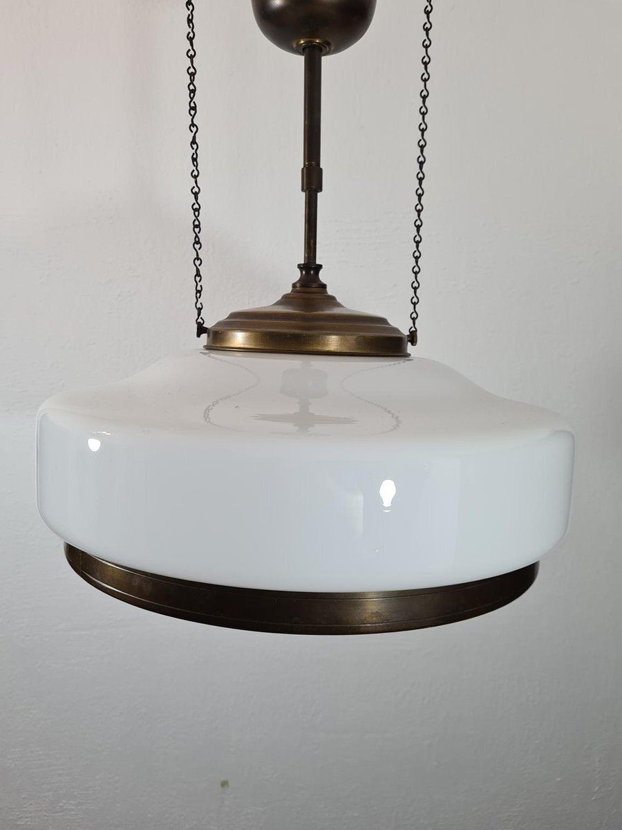 Art Deco Adjustable Pendant Lamp In Brass And Opal Glass, 1930s 1940s photo for sale