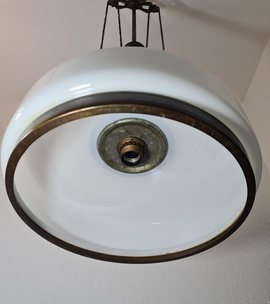 photo furniture Art Deco Adjustable Pendant Lamp In Brass And Opal Glass, 1930s 1940s