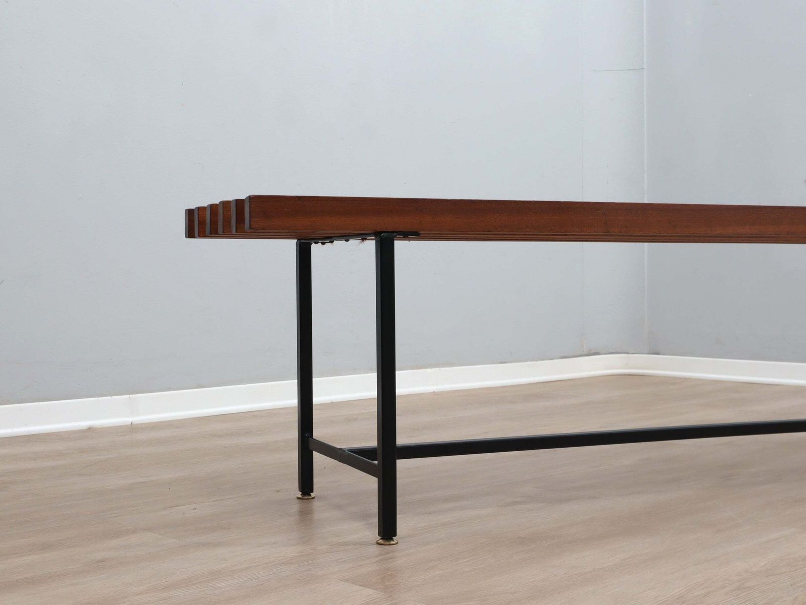 photo furniture Mid Century Slatted Teak Bench With Iron Frame Italy 1950s