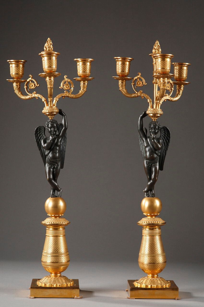 Pair Of Gilt Bronze And Patina Candelabra, Restoration Period