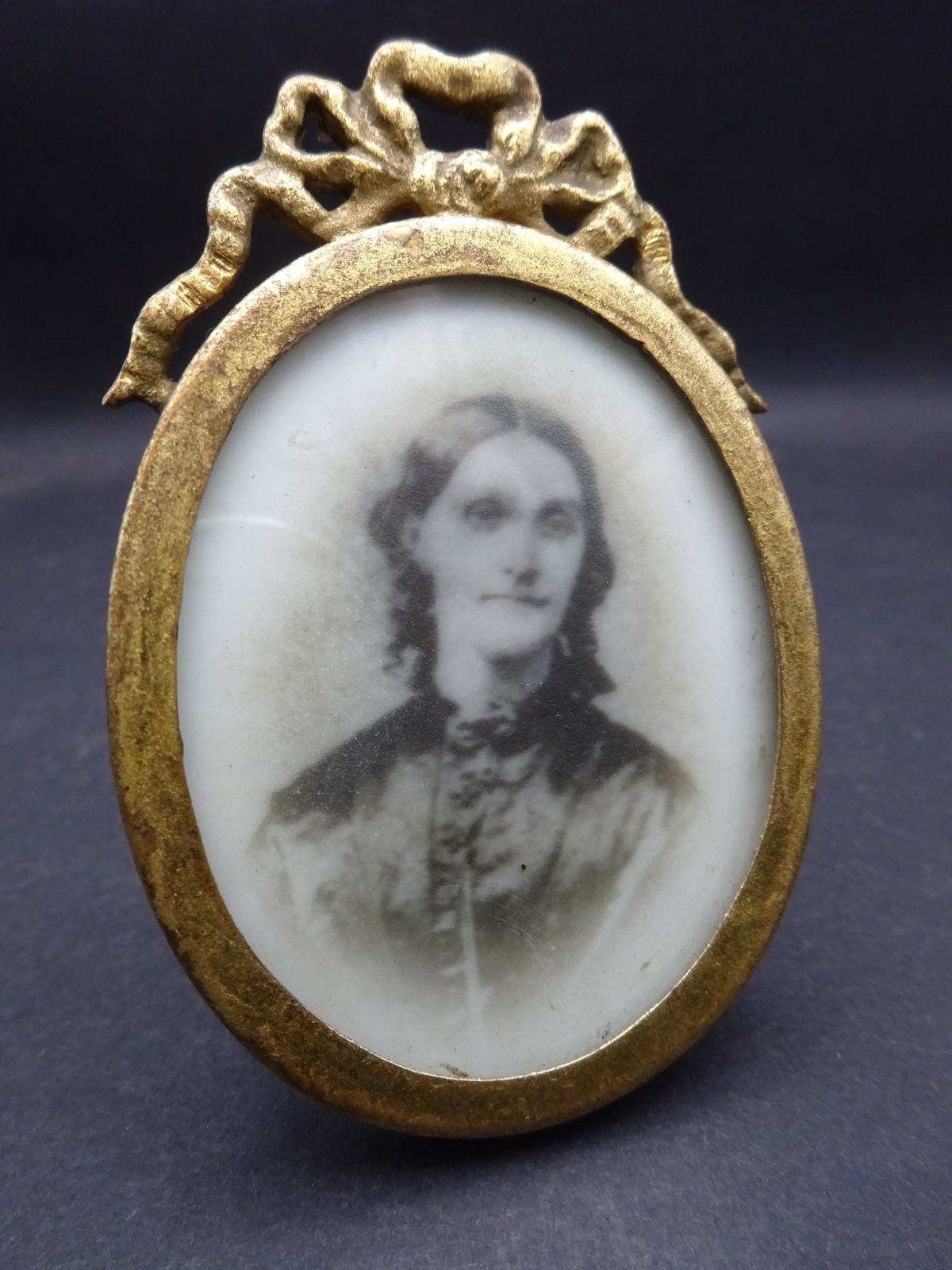 Rare Victorian Opalotype Milk Glass Portrait In Brass Frame