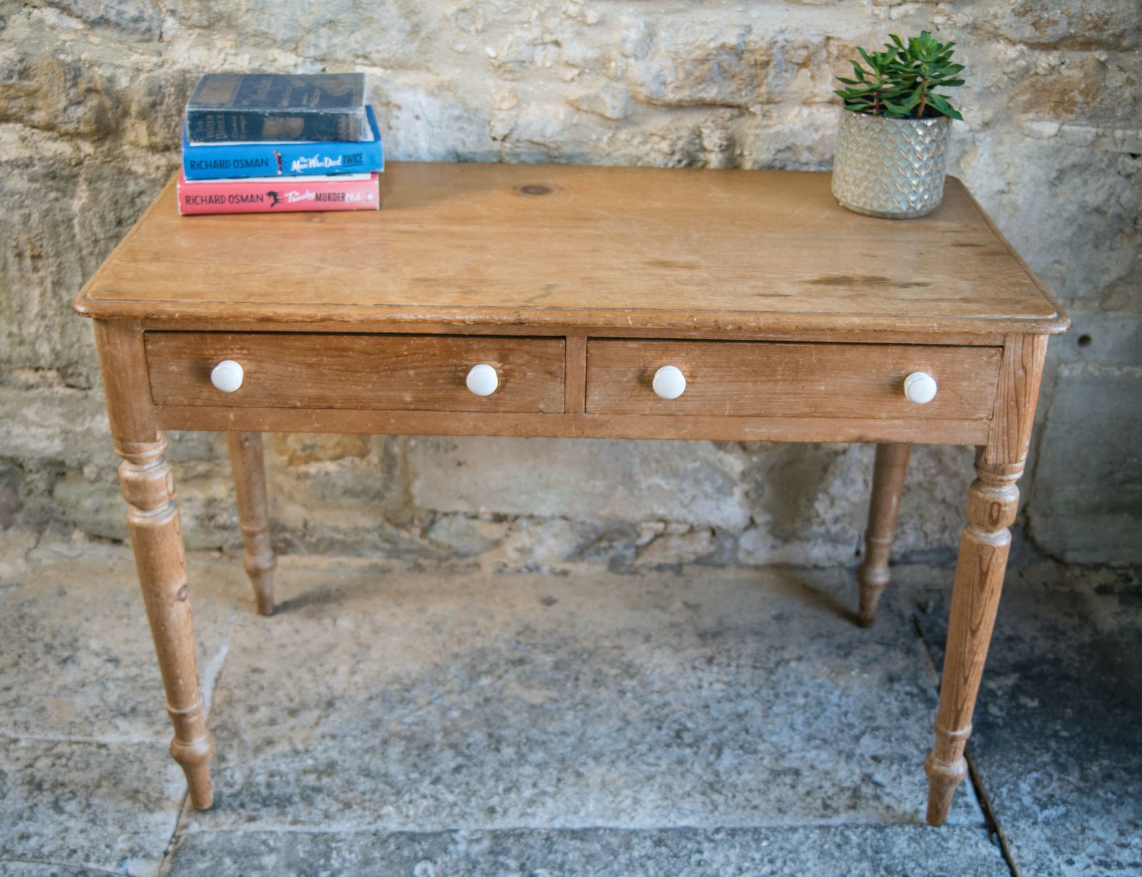 Antique Pine Console With Drawers & White Knobs   Farmhouse Style photo furniture