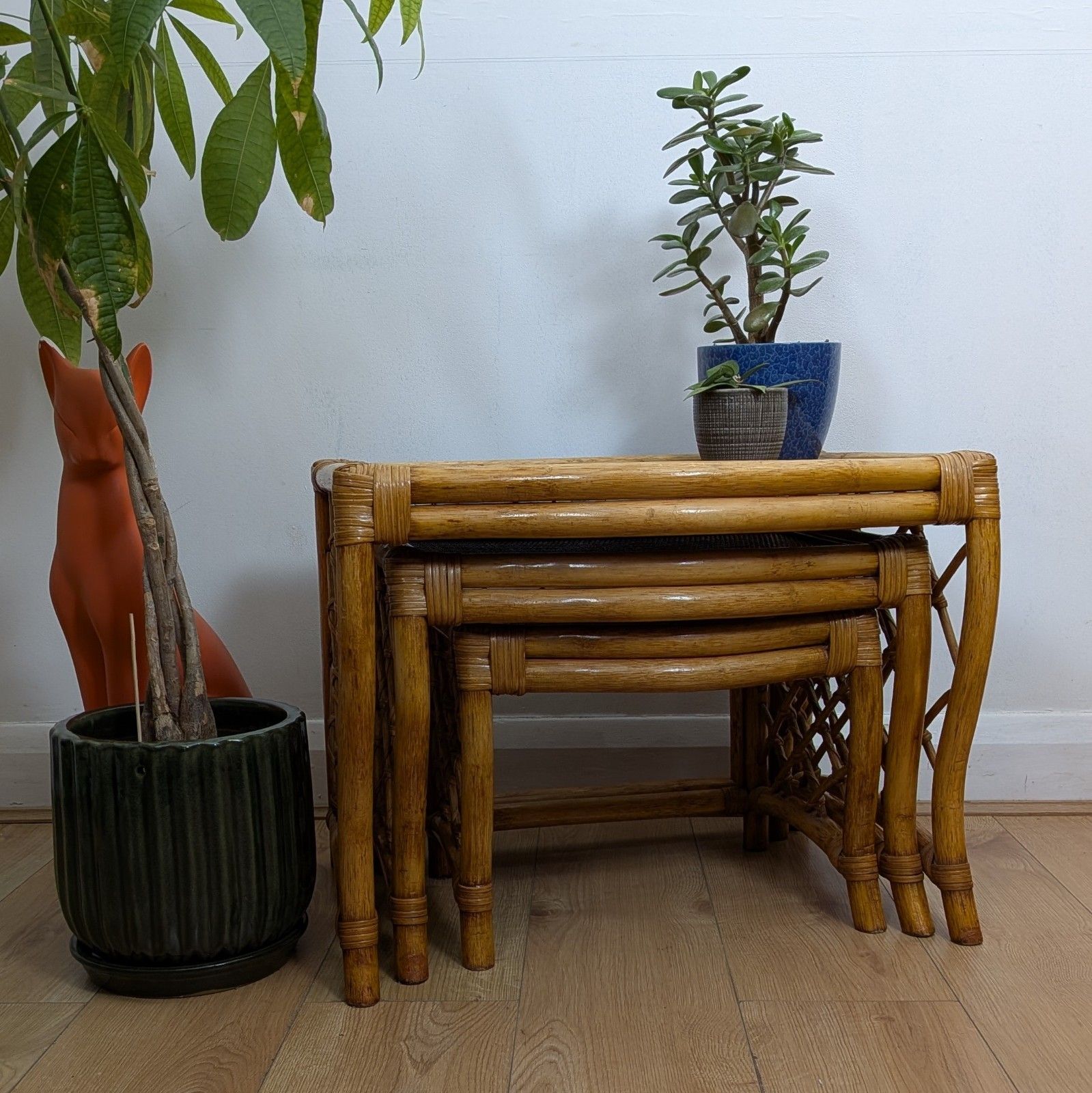 Mid Century Bamboo & Rattan Nest Of Tables | Scalloped Arch | Boho Tiki Vintage photo for sale