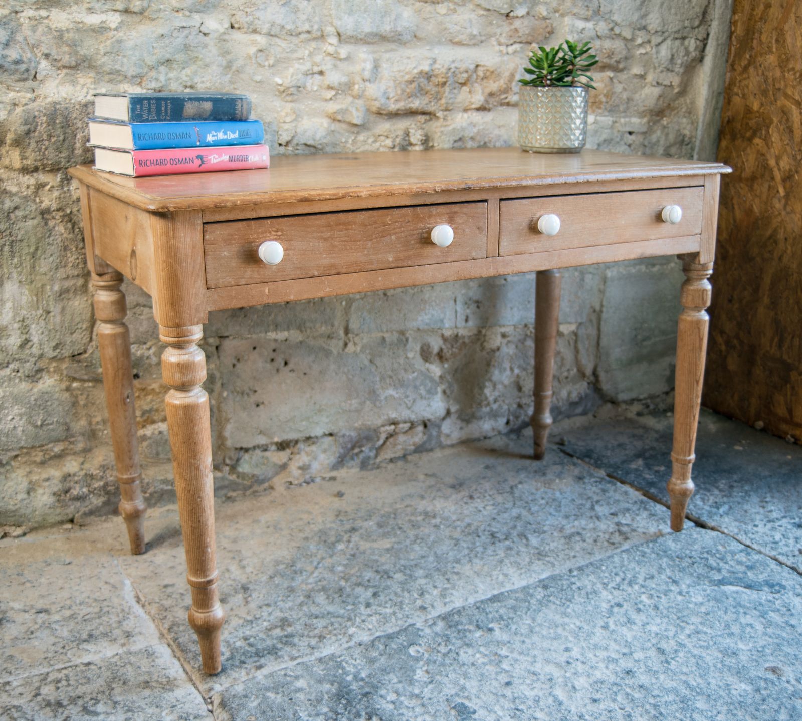 Antique Pine Console With Drawers & White Knobs   Farmhouse Style