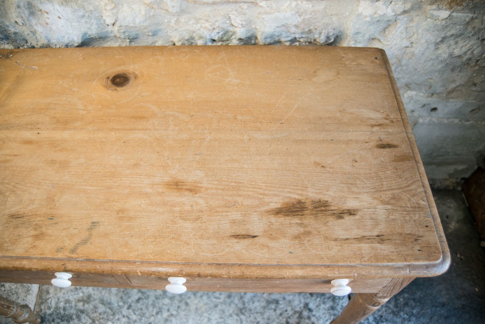 photo for sale Antique Pine Console With Drawers & White Knobs   Farmhouse Style