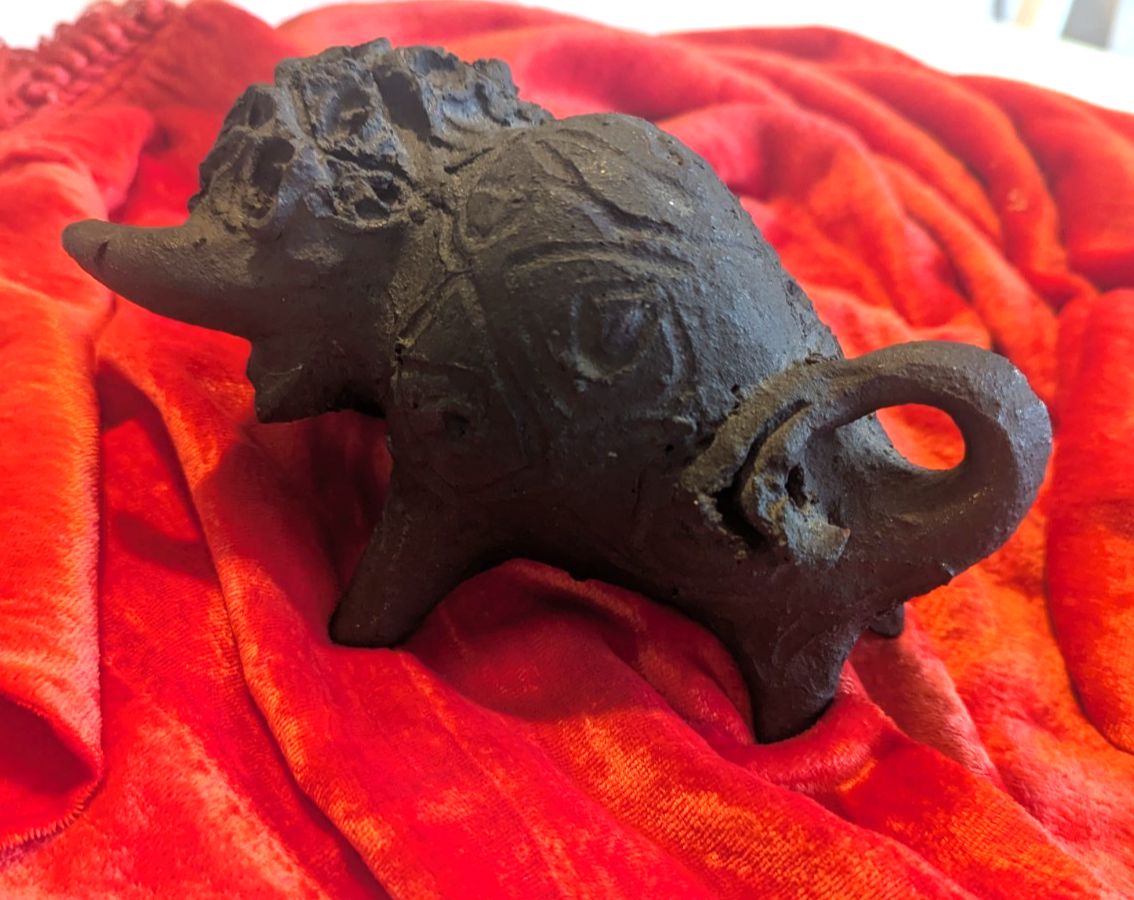 Vintage Mid Century Gothic Hand Made Bull Sculpture Matt Black Clay photo Art