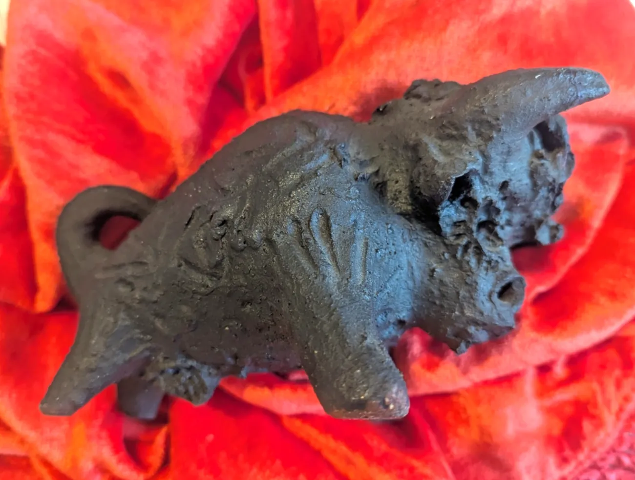 Art Vintage Mid Century Gothic Hand Made Bull Sculpture Matt Black Clay photo