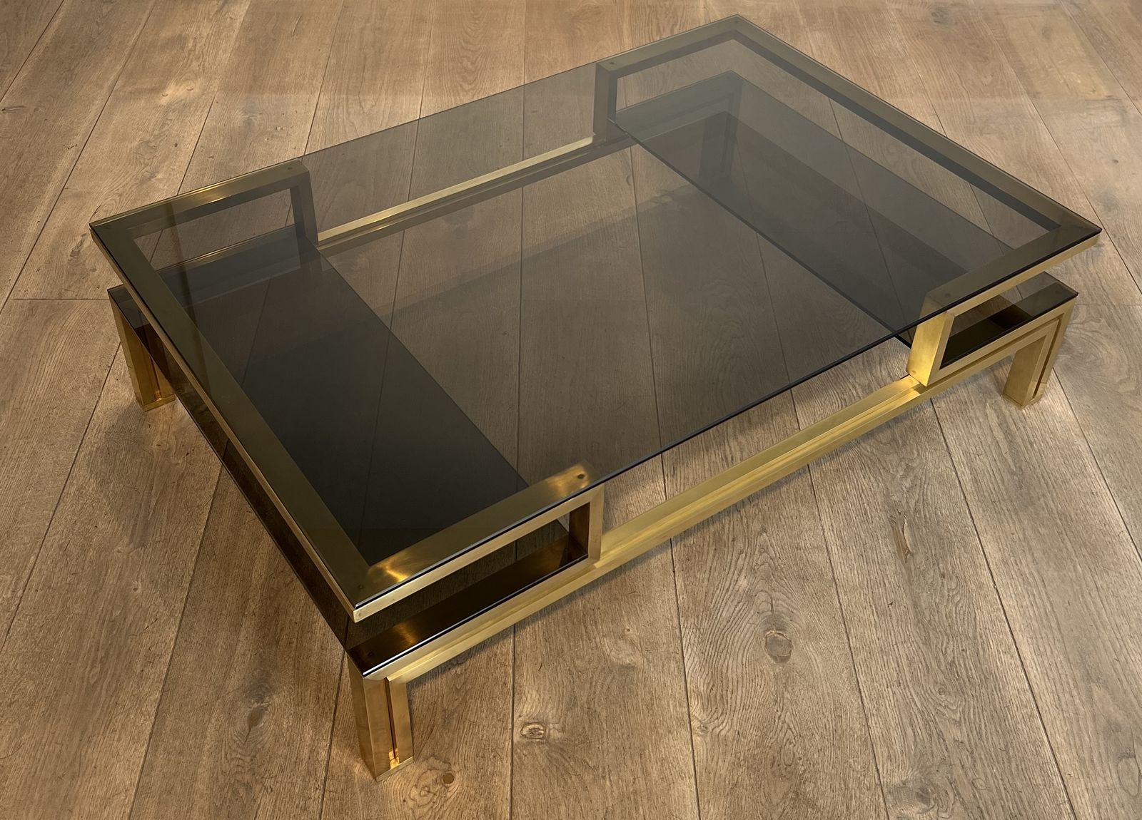 Modernist Coffee Table In Brass And Smoked Glass Tops By Guy Lefèvre For Maison Jansen
